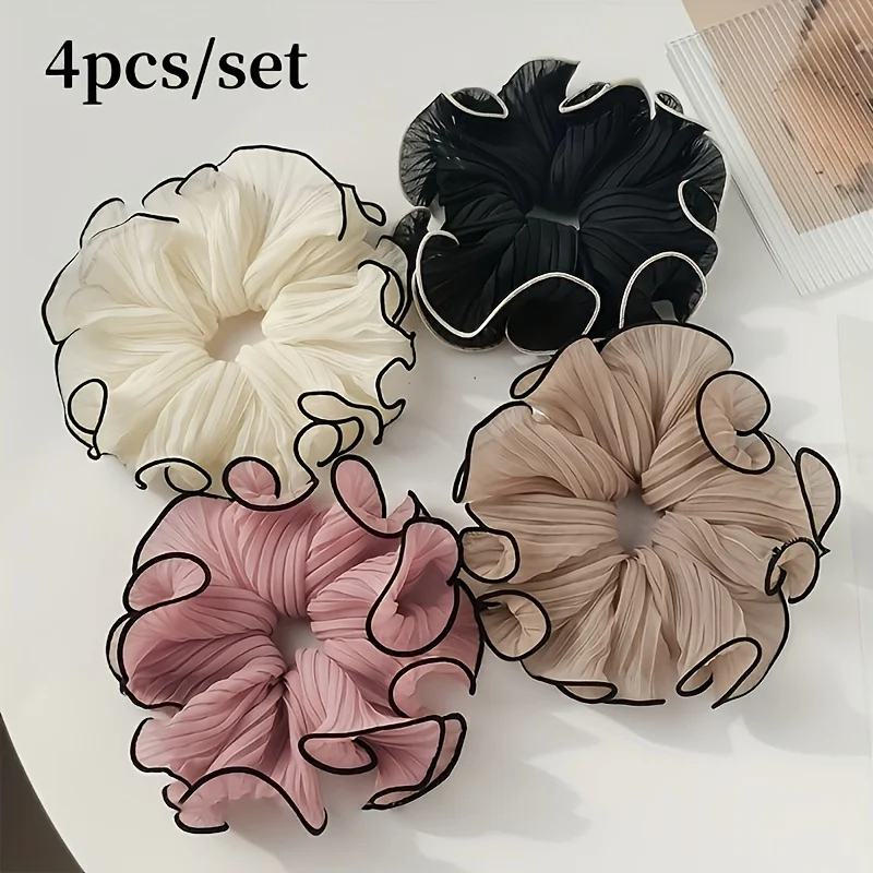 Travel Accessories Aesthetic - 4個/セット エレガントなフリンジ付きファブリックシュシュ - ソリッドシフォン、フリル/チュール/リボンスタイル、マルチカラーのデイリーヘアアクセサリー